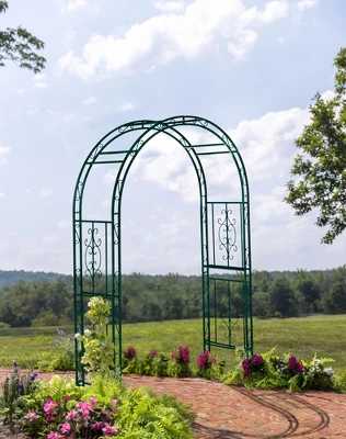 Evergreen Montebello Iron Garden Arbor, Forest Green- 53 X 84 X 23 Inches Fade And Weather Resistant Outdoor Decor