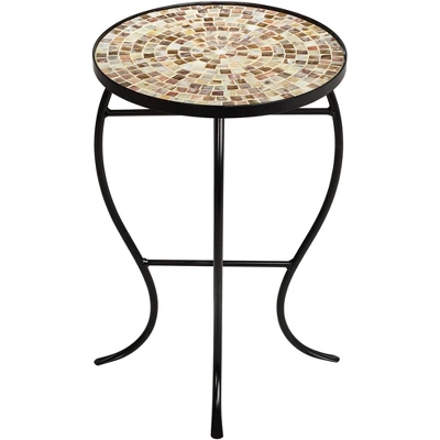 Teal Island Designs Modern Black Round Outdoor Accent Side Table 14" Wide Natural Mosaic Tabletop For Front Porch Patio Home House - Image 5