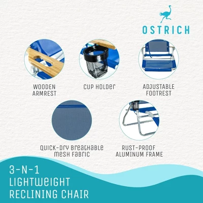Ostrich 3 N 1 Lightweight Aluminum Frame 5 Position Reclining Beach Chair, Blue - Image 3