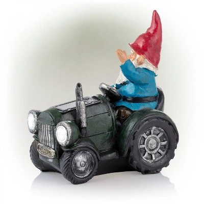 10" Polyresin Solar Tractor Riding Gnome With LED Lights Green - Alpine Corporation - Image 2