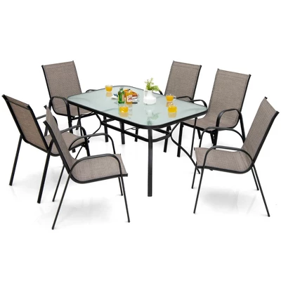 Costway 7PCS Patio Dining Set 6 Stackable Chairs Glass Table Umbrella Hole Yard - Image 3