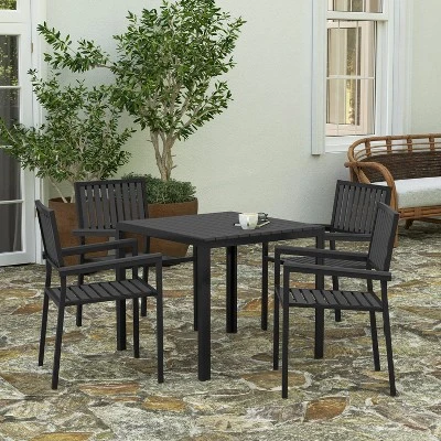 Merrick Lane 5 Piece Indoor/Outdoor Dining Set With Table And Four Chairs With Black Poly Resin Slats