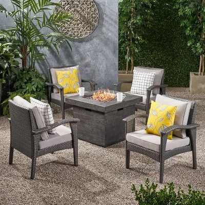 Keana 5pc Faux Rattan Club Chair & Fire Pit Chat Set - Christopher Knight Home