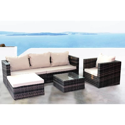 4pc Wicker Patio Sectional Seating Set With Sofa, Arm Chair, Ottoman & Accent Table - Brown/Beige - GODEER - Image 3