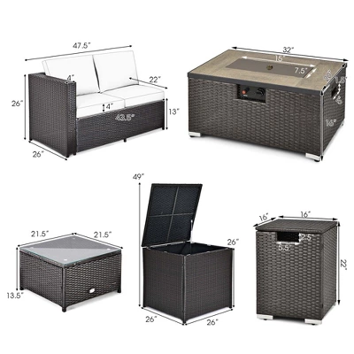 Costway 6PCS Patio Rattan Furniture Set 32'' Fire Pit Table Tank Holder With Cover Beige/Navy/Red/Turquoise - Image 2