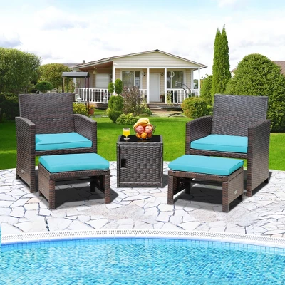 Costway 5PCS Patio Rattan Furniture Set Ottoman Cushioned W/Cover Space Saving Off White/Gray/Red/Turquoise - Image 12