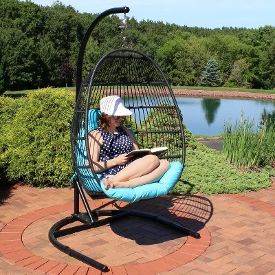 Sunnydaze Decor Sunnydaze Outdoor Resin Wicker Patio Julia Hanging Basket Egg Chair Swing With Cushions, Headrest, And Steel Stand Set - 3pc - Image 6