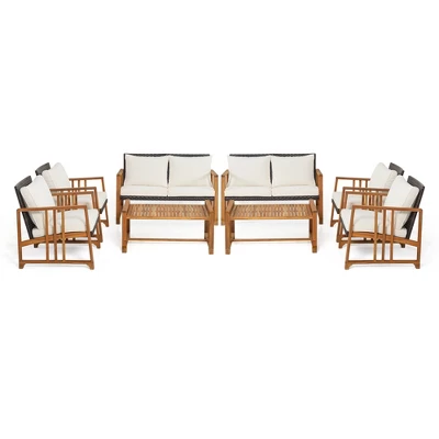Costway 8PCS Patio Mix Brown Wicker Sofa Set Acacia Wood Frame With Seat & Back Cushions - Image 9