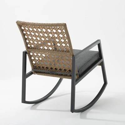 Komodo Modern Boho Faux Rattan & Metal Outdoor Rocking Chair With Cushion - Brown/Gray - Saracina Home - Image 3