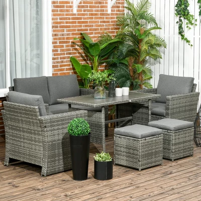 Outsunny Patio Dining Set, PE Rattan Furniture With 2 Chairs With Cushions & Outdoor Loveseat Sofa, Woodgrain Slatted Dinner Table, Mixed Gray