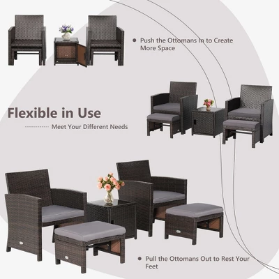Costway 5PCS Patio Rattan Furniture Set Ottoman Cushioned W/Cover Space Saving Off White/Gray/Red/Turquoise - Image 4