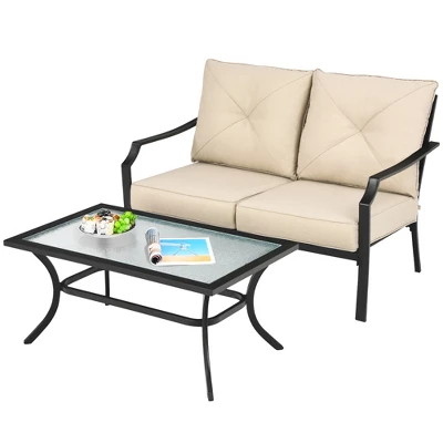 Costway 2 PCS Patio Loveseat With Coffee Table Outdoor Sofa Bench With Cushions - Image 8