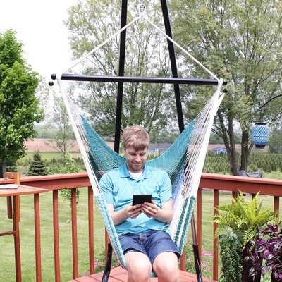 Sunnydaze Decor Sunnydaze Polyester Rope Hanging Caribbean-Style Hammock Chair Swing For Patio, Porch, Or Yard - Lagoon Stripes - Image 6