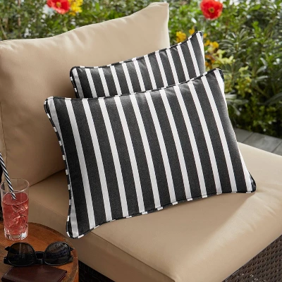 2pk Rectangle Sunbrella Stripe Indoor Outdoor Corded Throw Pillows Black/White