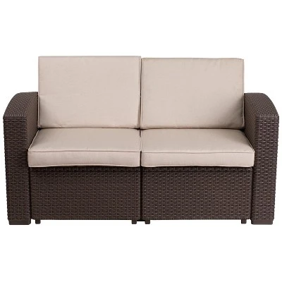 Flash Furniture Chocolate Brown Faux Rattan Loveseat With All-Weather Beige Cushions - Image 7