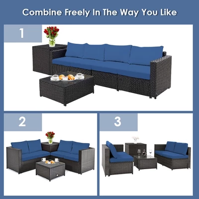 Costway 8PCS Outdoor Patio Rattan Furniture Set Cushioned Loveseat Storage Table Navy - Image 3