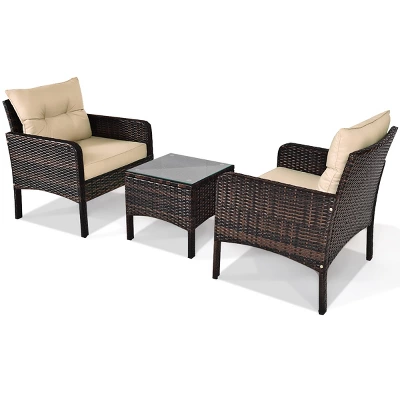 Costway 3PCS Patio Rattan Conversation Set Cushioned Sofa Chair For Garden - Image 2