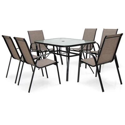 Costway 7PCS Patio Dining Set 6 Stackable Chairs Glass Table Umbrella Hole Yard - Image 8