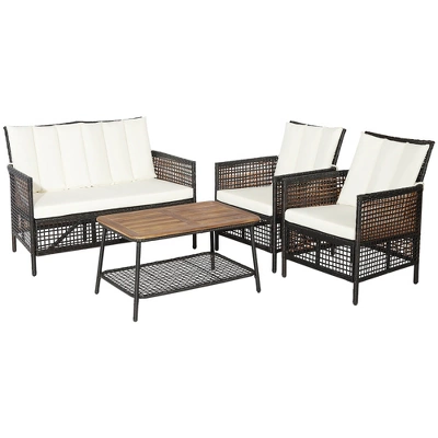 Costway 8PCS Patio Rattan Furniture Set Cushioned Chairs Wood Table Top W/Shelf - Image 9