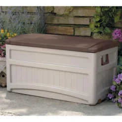 Suncast 73 Gallon Outdoor Patio Resin Deck Storage Box W/ Wheels, Taupe (2 Pack)