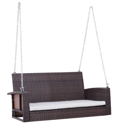 Outsunny 2-Person Wicker Hanging Porch Swing Bench Outdoor Chair With Cushions - Image 3