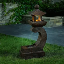 LuxenHome Resin Japanese Pagoda Fountain With LED Light