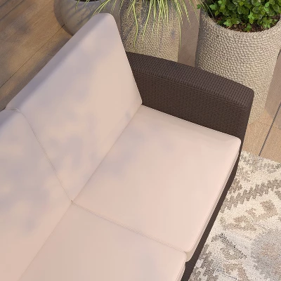 Merrick Lane Outdoor Furniture Resin Sofa Chocolate Brown Faux Rattan Wicker Pattern Patio 3-Seat Sofa With All-Weather Beige Cushions - Image 6