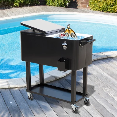 Outsunny 80 QT Rolling Cooling Bins Ice Chest On Wheels Outdoor Stand Up Drink Cooler Cart For Party - Image 2