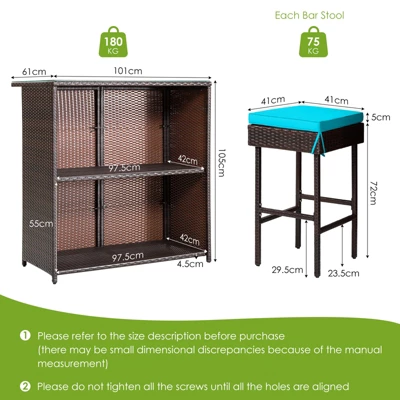 Tangkula 3PCS Patio Wicker Rattan Bar Set Table W/2 Turquoise Cushioned Stools - Image 3
