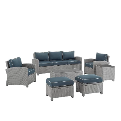 Bradenton 7pc Outdoor Wicker Sofa And Arm Chair Seating Set With Coffee Table, Side Table And 2 Ottomans - Navy/Gray - Crosley - Image 3