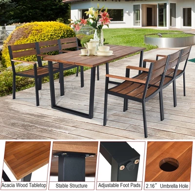 Costway 7PCS Patented Patio Dining Chair Table Set Acacia Wood Backyard W/Umbrella Hole - Image 7