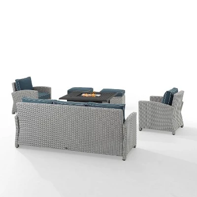 Bradenton 6pc Outdoor Wicker Sofa And Arm Chair Seating Set With Dante Fire Table And 2 Ottomans - Navy/Gray - Crosley - Image 10