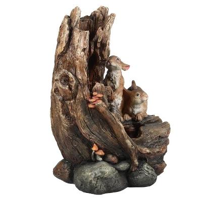 LuxenHome Resin Two Bunnies Tree Stump Outdoor Fountain With LED Lights - Image 6