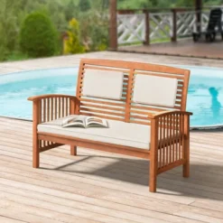 Lyndon Eucalyptus Wood 2 Seat Outdoor Bench With Cushions - Light Brown - Alaterre Furniture