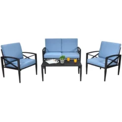 Costway 4PCS Patio Furniture Set Aluminum Frame Cushioned Sofa Chair Coffee Table Blue