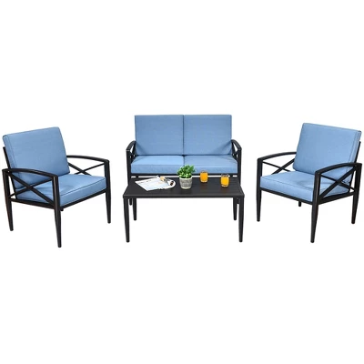 Costway 4PCS Patio Furniture Set Aluminum Frame Cushioned Sofa Chair Coffee Table Blue