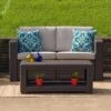 Flash Furniture Chocolate Brown Faux Rattan Loveseat With All-Weather Beige Cushions