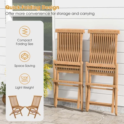 Costway 2 PCS Patio Folding Chair Teak High Back Dining Slatted Seat Portable Outdoor - Image 6