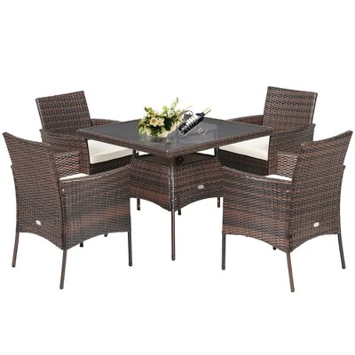 Costway 5PCS Patio Rattan Dining Furniture Set Armrest Sofa Chair Glass Table - Image 2