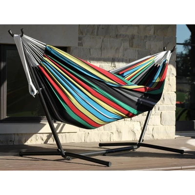 The Hamptons Collection 110” Black And Blue Striped Brazilian Style Hammock With A Steel Hammock Stand - Image 4