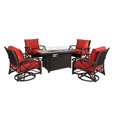 Kinger Home Novi 5-Piece Rattan Wicker Propane Fire Pit Set With An Aluminum Frame - Image 12