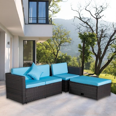 4pc Wicker Patio Sectional Seating Set With Cushions - Brown/Blue - GODEER - Image 2