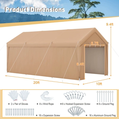 Costway 10x20FT Patio Heavy Duty Carport Garage Removable Sidewall Zippered Door Outdoor - Image 2