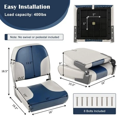 Costway 2-Piece Folding Boat Seat Set With Sponge Padding & Aluminum Hinges Low Back Blue - Image 2