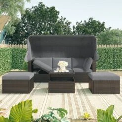 4pc Outdoor Wicker Rectangle Daybed With Canopy & Cushions - Gray - GODEER