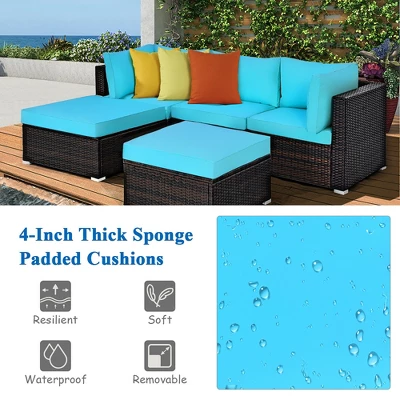 Costway 5PCS Patio Rattan Sectional Conversation Set Ottoman Turquoise - Image 5