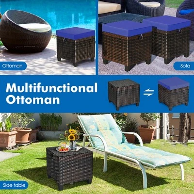 Costway 2PCS Patio Rattan Ottoman Cushioned Seat Foot Rest Coffee Table Furniture Garden Navy - Image 7