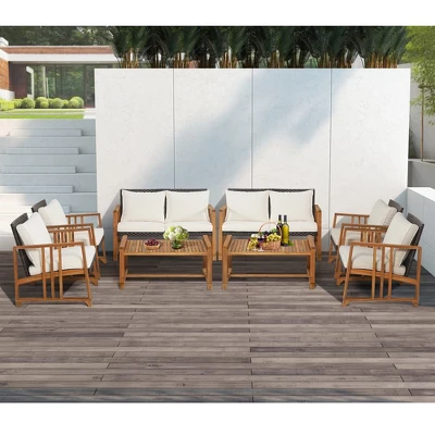 Costway 8PCS Patio Mix Brown Wicker Sofa Set Acacia Wood Frame With Seat & Back Cushions