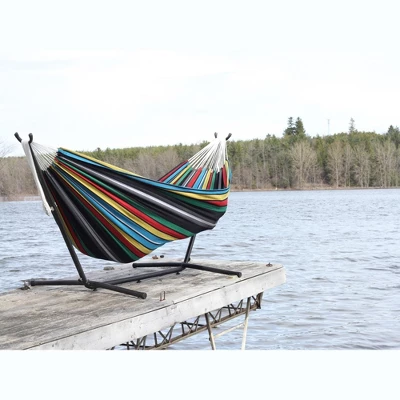 The Hamptons Collection 110” Black And Blue Striped Brazilian Style Hammock With A Steel Hammock Stand - Image 3