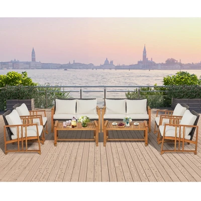 Costway 8PCS Patio Mix Brown Wicker Sofa Set Acacia Wood Frame With Seat & Back Cushions - Image 3
